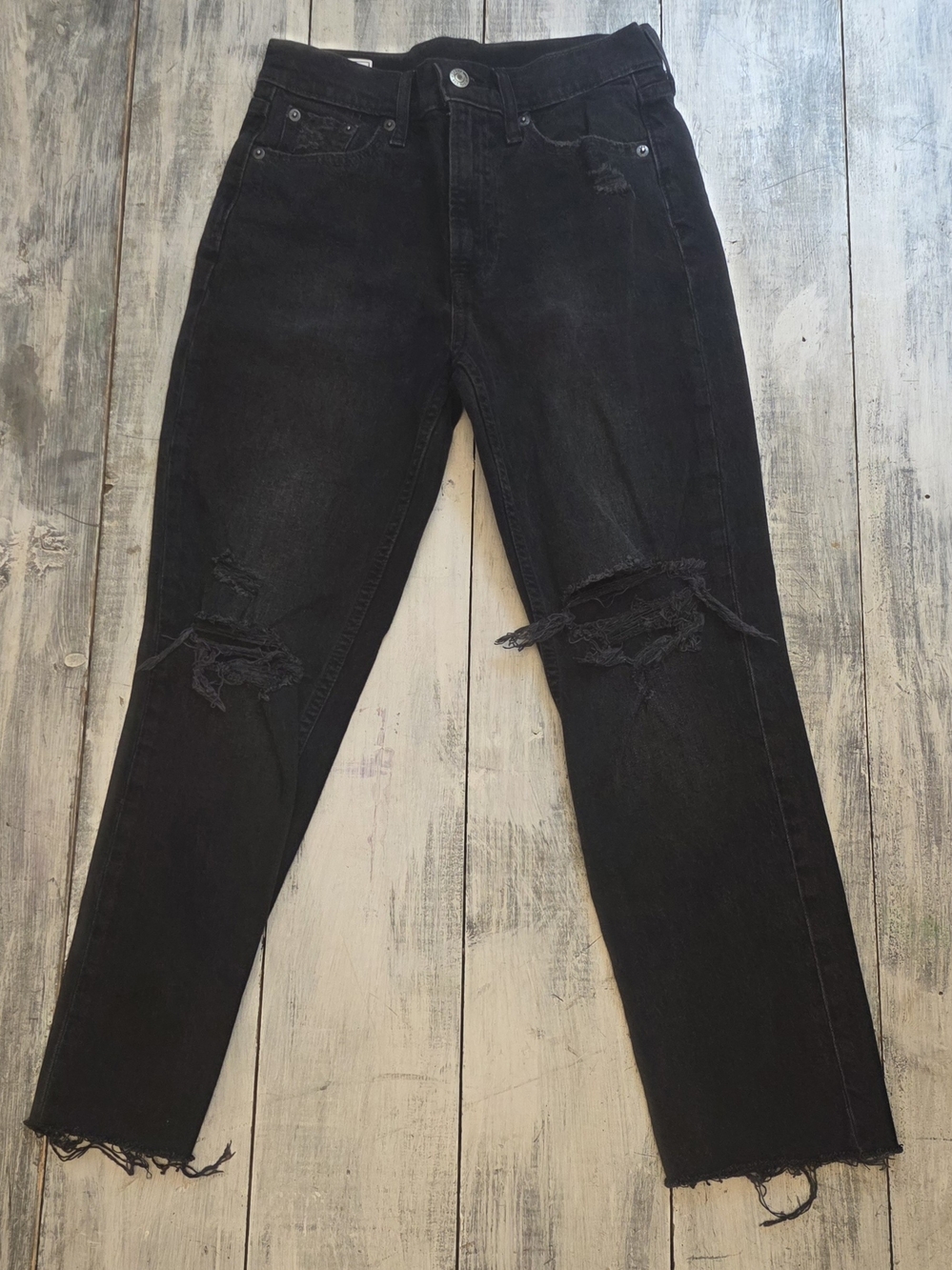 GAP Women's Black High Rise Distressed Cheeky Straight-Leg Jeans sz 25/0 Petite